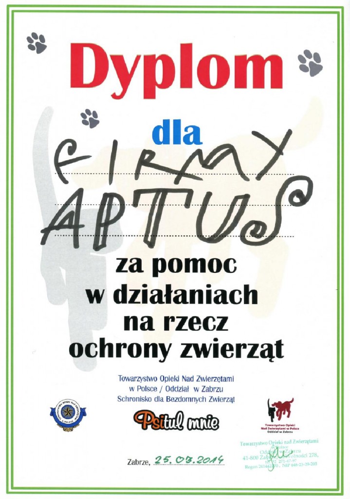 Dyplom dla firmy Aptus